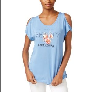 JAMIE & LAYLA Blue Cold Shoulder Graphic T-Shirt M